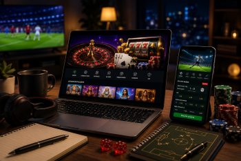 Ecosistema completo de Bet4Win: fútbol en pantalla, ruleta y tragamonedas en laptop, y apuestas deportivas en el móvil