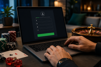 Persona completando el formulario de registro de Bet4Win Casino en una laptop, junto a fichas de casino y cartas