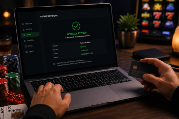 Persona confirmando un retiro aprobado en la laptop de Bet4Win Casino junto a una tarjeta bancaria