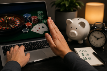 Panel de control de límites activos de depósito, sesión y tiempo de juego, mostrado en laptop y móvil