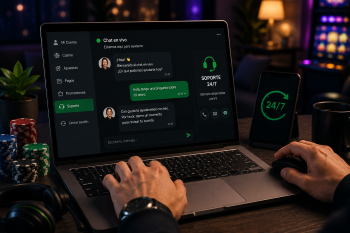 Chat en vivo de soporte de Bet4Win abierto en una laptop, con indicador de atención 24/7 en el teléfono