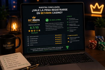 Pantalla de laptop mostrando el veredicto editorial de la reseña: ¿Vale la pena registrarse en Bet4Win Casino? Puntuación 8.7/10